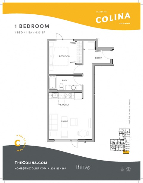 Floor plan for 1 bed, 1 bath, 649 sqft